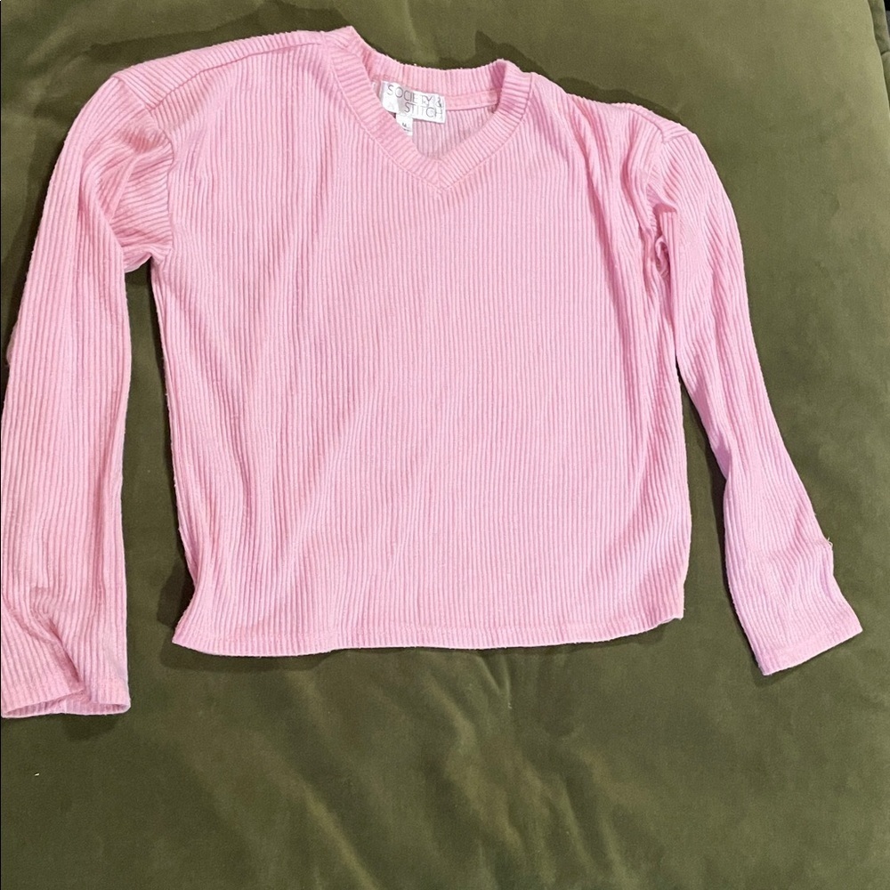 Society & Stitch Pink V-Neck Kids Ribbed Long Sleeve Shirt